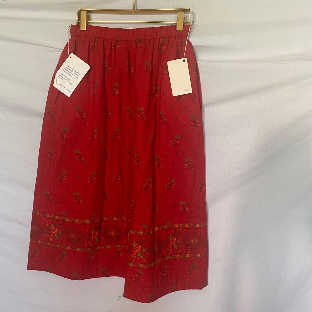 Chantal Laurent Red Floral Custom Midi Skirt Elastic Waist Pockets Womens Size M